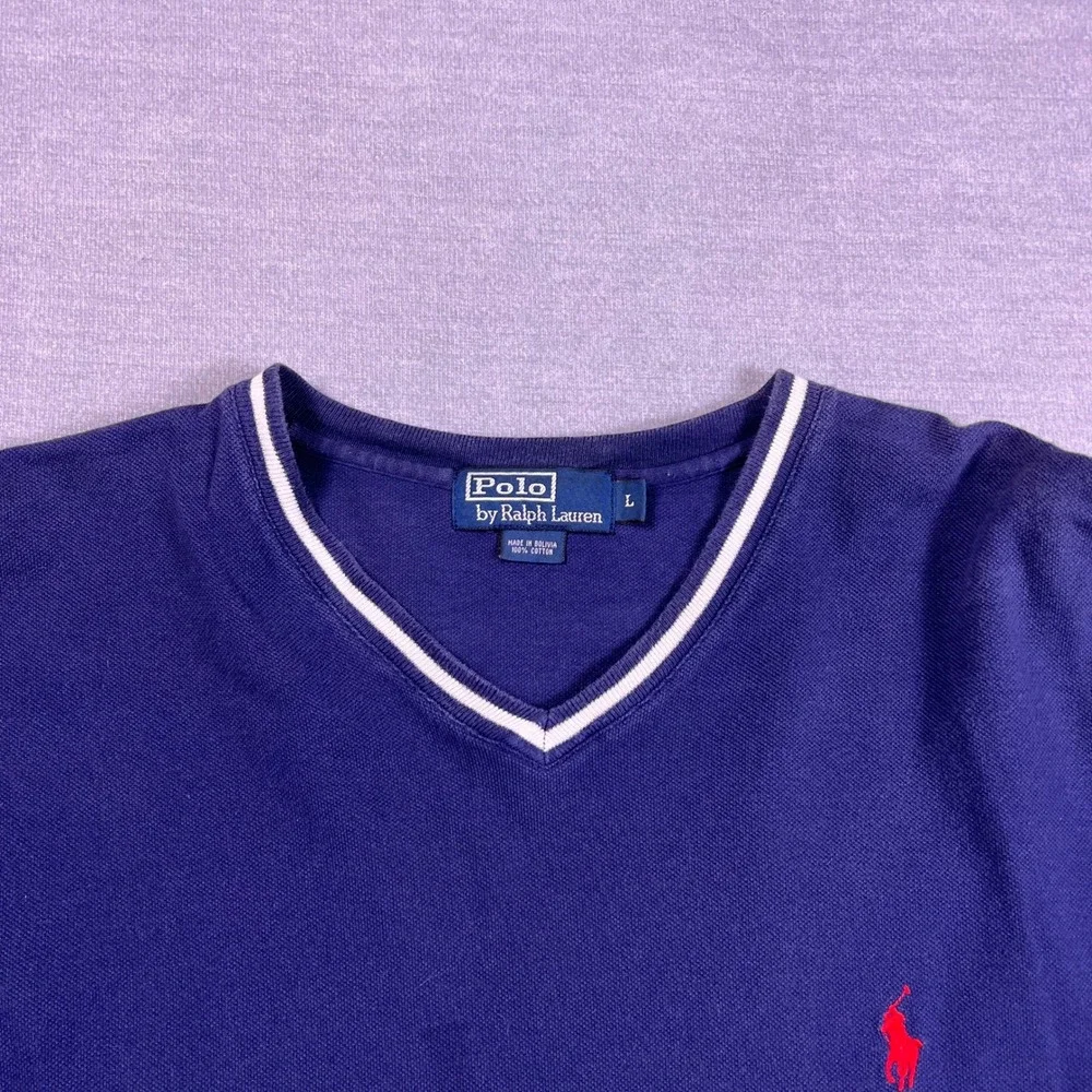 Polo Ralph Lauren Pique V-Neck Ringer Short Sleeve T-Shirt Mens Size L Blue